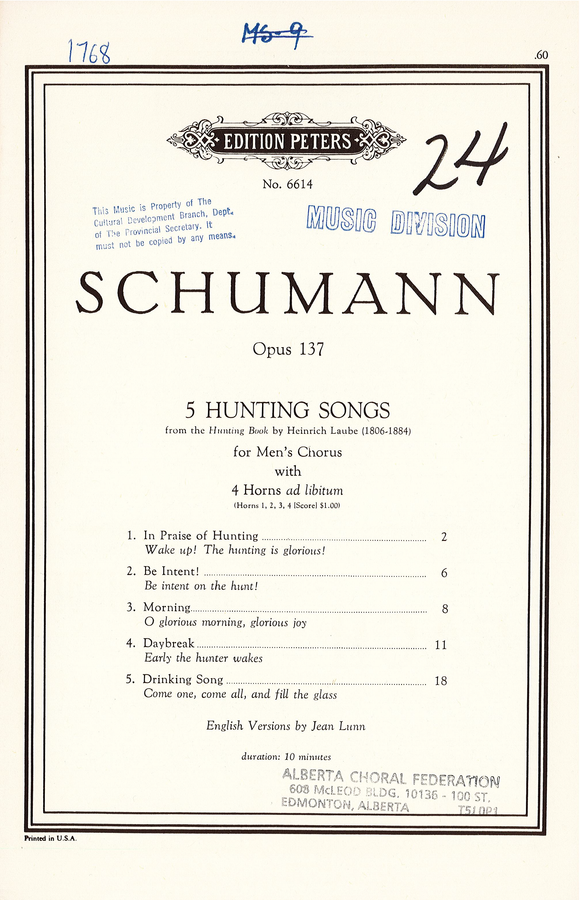 Five Hunting Songs, Op. 137